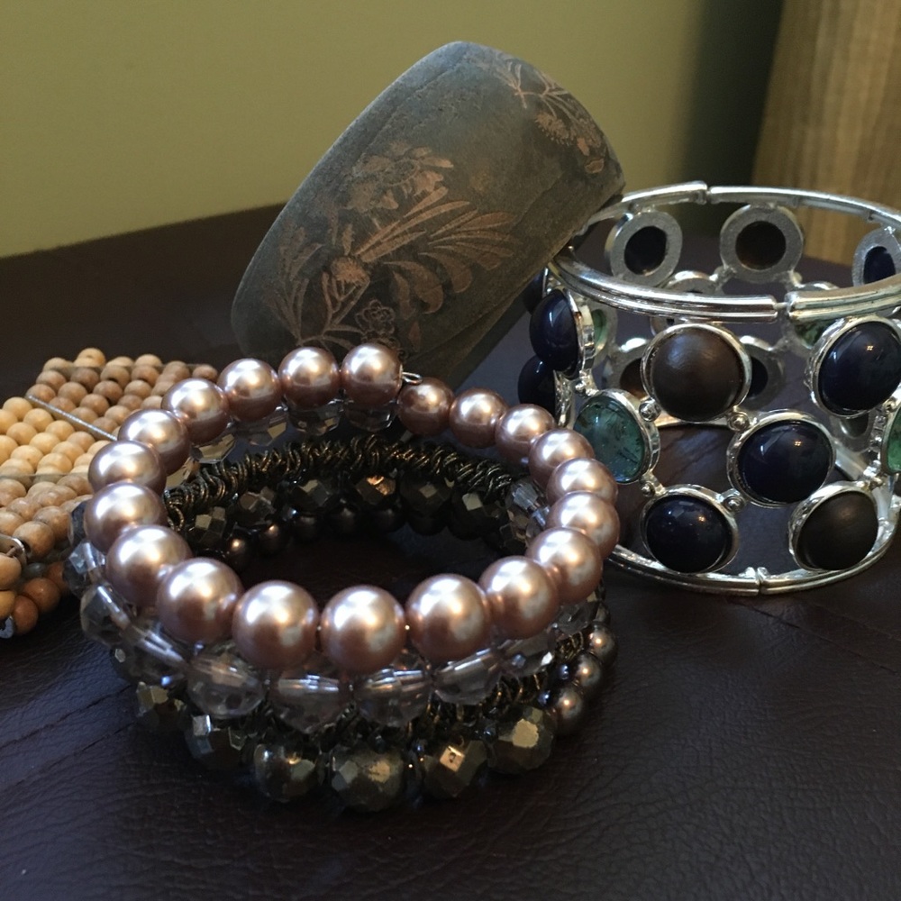 Lot of 4 Silver, Bronze, Blue, Brown, Beaded, and Wooden Bracelets